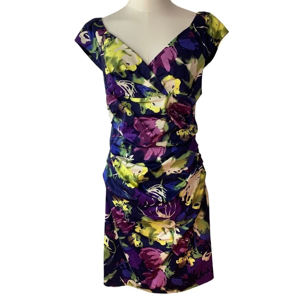 Suzi Chin Maggy Boutique V-Neck Floral Ruched Dress12P Nightfall Multicolor